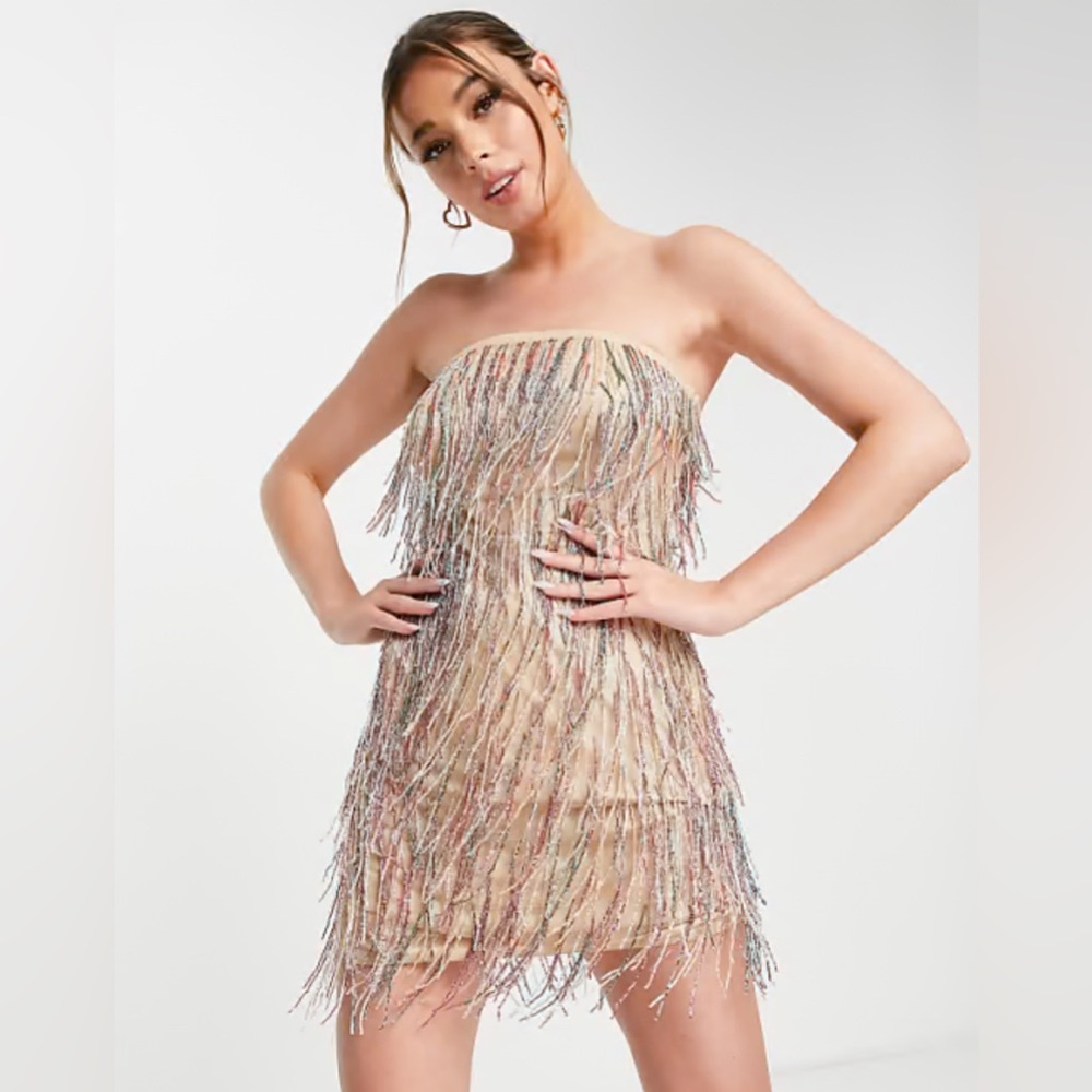 Band of stars by Asos Elegant Strapless Fringe Dress in Cream and Silver